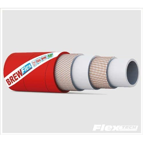 Brewflex ølslange for bryggeri er en 10 meter lang rød slange med hvit og rød tekst, med 1,5" Tri-Clamp-fittings og 16 bar - ideell for bryggerioppsettet ditt.