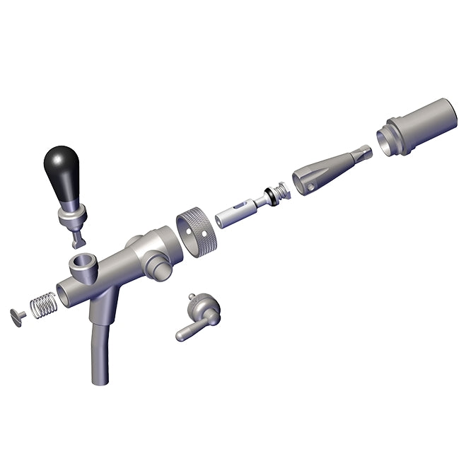 Eksplodert visning av Lindr Tappekran med flowcontrol (SL 492010), 5/8" BSP europeiske gjenger, 35 mm skaft, høyglanset rustfritt stål, med komponenter som er adskilt langs en sentral akse.
