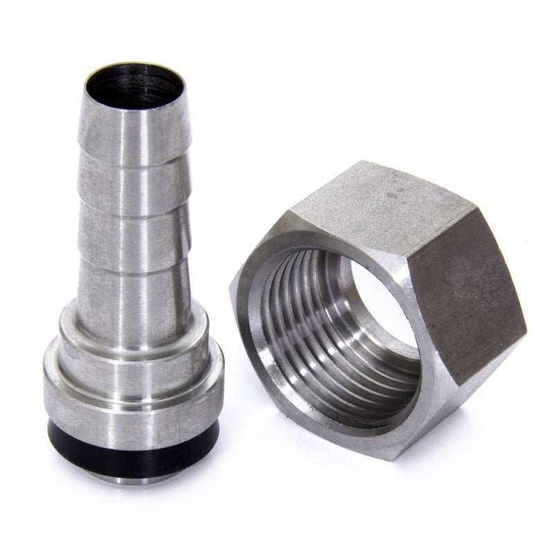 A 10mm slangenippel og 5/8" BSP mutter fra KeyKeg vist sammen på en hvit bakgrunn.