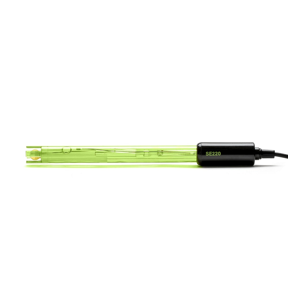 Milwaukee SE220 Probe til MW101 og MW102 Pro pH-meter, med grønt glass, svart hette og kabel, vises på en hvit bakgrunn.