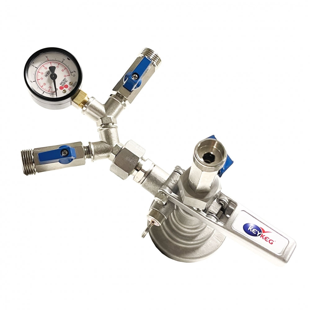 Lindr Keg Filler for PolyKeg & KeyKeg er en kobling i rustfritt stål med to stengeventiler, en trykkmåler og pålitelig kompatibilitet for sikker tilkobling til fat.