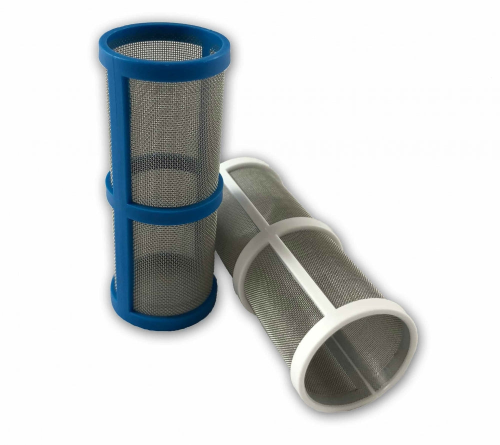 To sylindriske nettingfiltre med blå og hvite plastrammer fra Bouncer Filter-kit for Bouncer (standard) er vist på en hvit bakgrunn. Ideelt for eiere av hoppestoler og stolt produsert i USA.