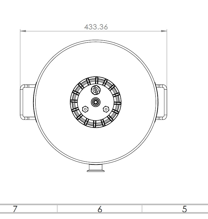 Teknisk tegning av Apollo Titan 30L Unitank av rustfritt stål fra Keg King, med et rundt design, to sidehåndtak, sentrale sirkulære komponenter og en merket diameter på 433,36 enheter.