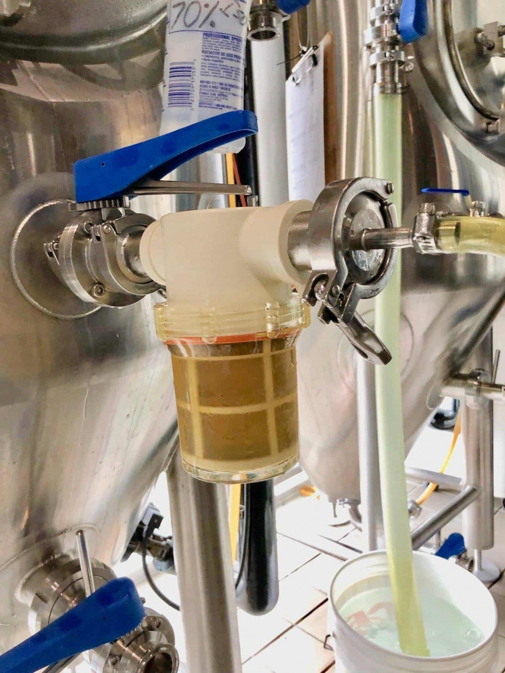 Et Bouncer Pro Inline-ølfilter med 1,5" TC fra Bouncer er koblet til en bryggetank i rustfritt stål via en Tri-Clamp-ventil, med et prøvetakingskar som samler opp disig væske i et bryggeri.