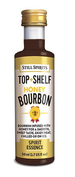 Still Spirits SS Top Shelf Honey Bourbon - 50 ml essens, med en beige og brun etikett, er ideell for å tilsette en myk honning-bourbon-smak til brennevinet ditt.