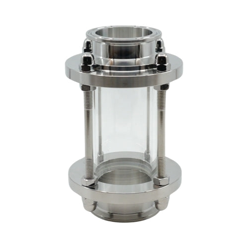 Brewshop 2" Tri-Clamp siktglass laget av 304 rustfritt stål og glass, med to flenser, bolter og en sylindrisk seksjon for visuell inspeksjon av væske i rør.
