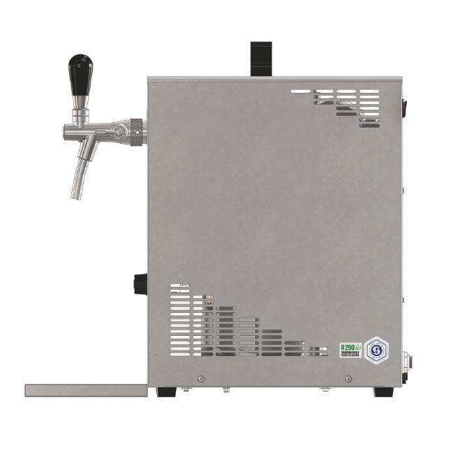 Lindr PYGMY 35/K Profi NEW Ølkjøler med tappetårn fra Lindr sett fra siden, med kjøletårn i rustfritt stål, kranhåndtak og ventilasjonsåpninger på en flat overflate.