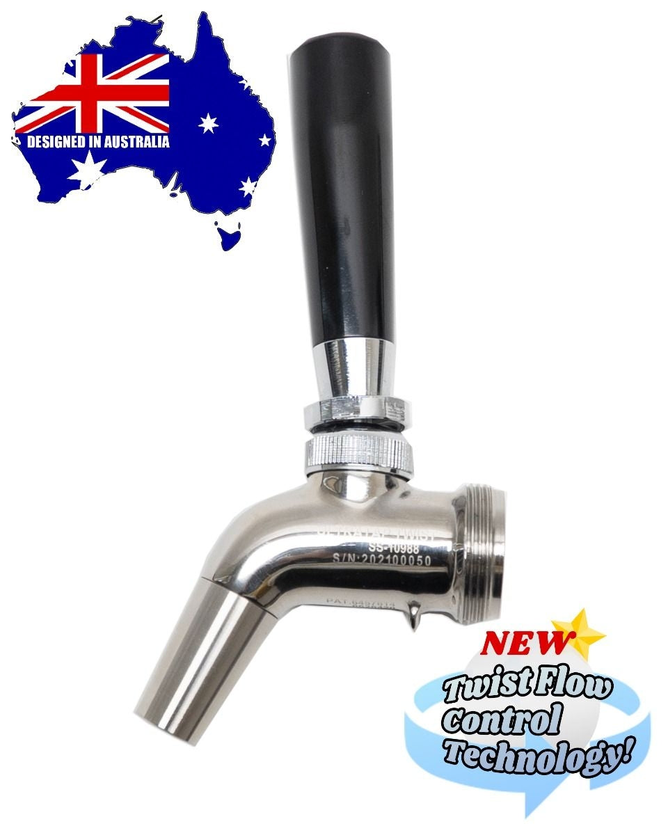Bildet viser Keg King Ultratap Twist - tappekran med flow control, en øltappekran i rustfritt stål med svart håndtak, merket "Designed in Australia" og "Ultratap Twist Flow Control Technology".