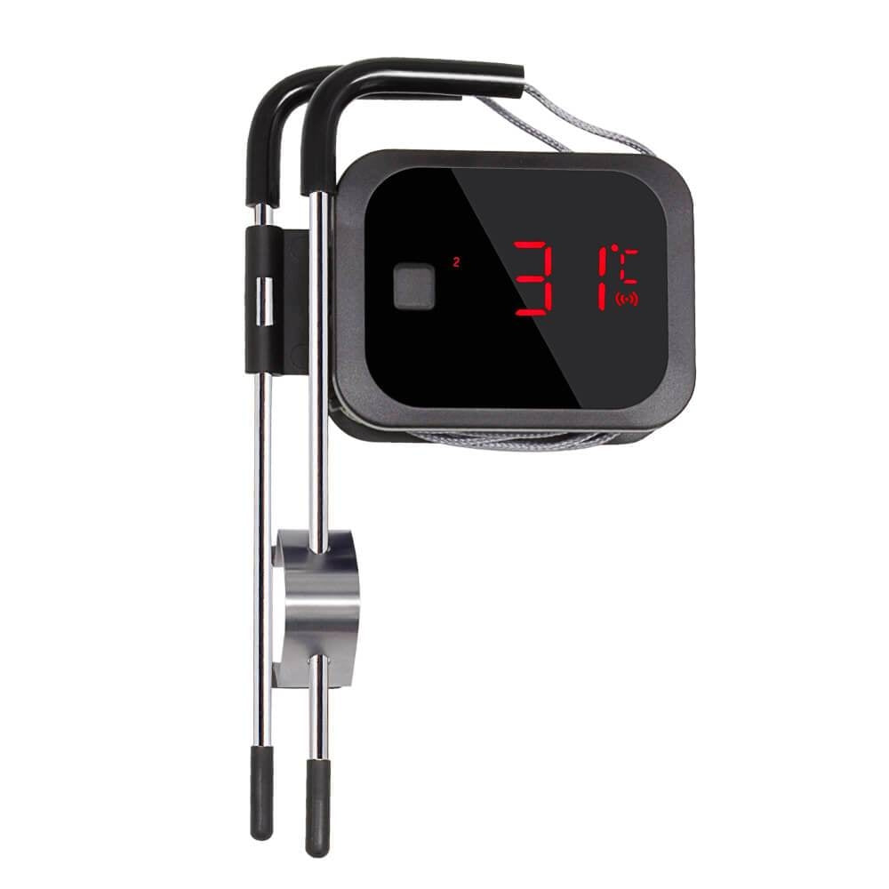 Inkbird IBT-2X digitalt steketermometer med 2 prober og bluetooth fra Inkbird har et svart, rektangulært kontrollpanel som viser temperaturen (f.eks. 31°C) i rød tall, for presise målinger som et BBQ-termmeter.
