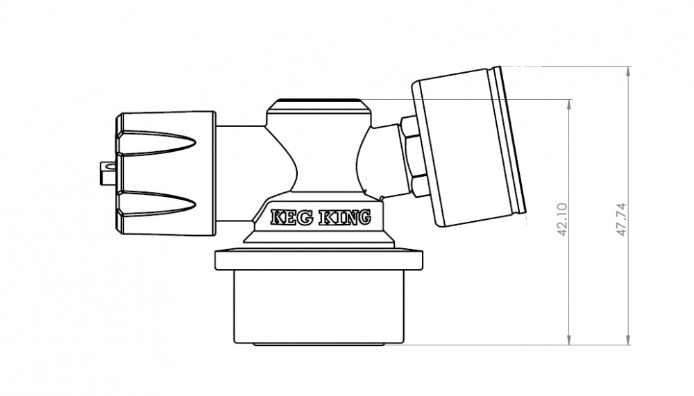 Teknisk tegning av Spundy - Compact Spunding Valve fra Keg King, perfekt for hjemmebrygging, med dimensjoner på 42,10 mm og 47,74 mm på høyre side.