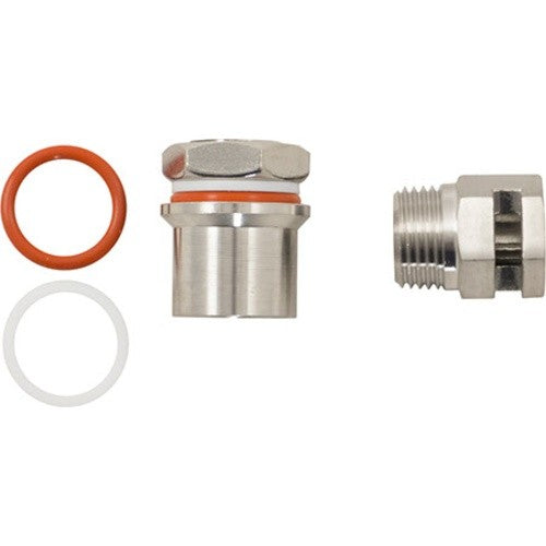 Ss Brewtech Whirlpool Fitting fra Ss Brewtech har metallkoblinger laget av rustfritt stål, med to O-ringer i gummi - en oransje og en hvit - plassert hver for seg på en hvit bakgrunn.