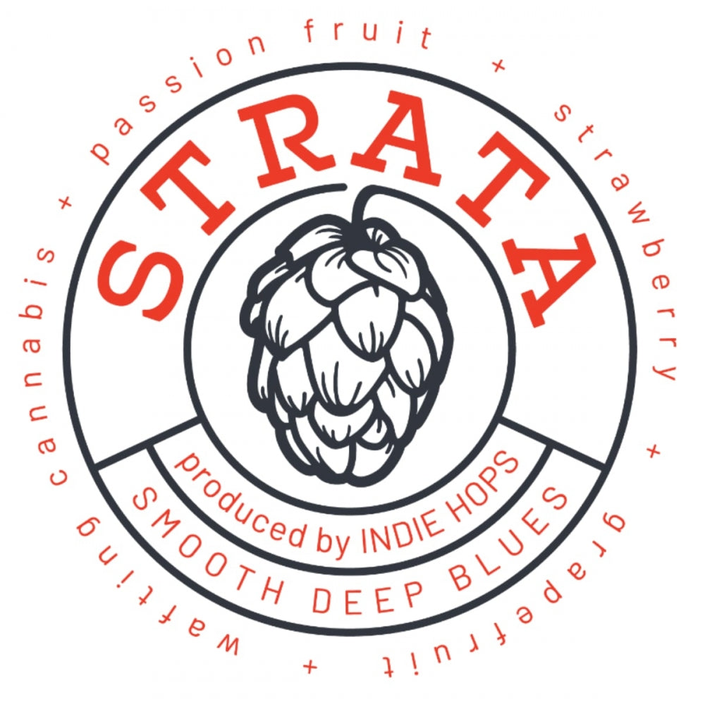 Sirkulær logo for Strata 100G Humle Pellets (13,3 %) 2023 fra BarthHaas, med humlegrafikk og noter av pasjonsfrukt, jordbær, grapefrukt og cannabis. Har "Smooth Deep Blues". Tilgjengelig fra Yakima Valley Hops.