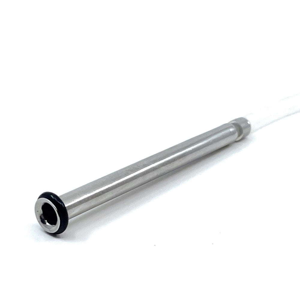 FLOTit 2.0 med Max Headroom Gas Dip Tube fra Homebrewer LAB er et flytende dyprør i rustfritt stål med en svart gummiring og klare plastslanger, ideelt for klart øl, vist på en hvit bakgrunn.