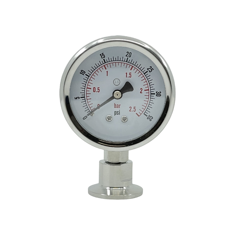 Brewshop 34 mm Tri-Clamp trykkmanometer (0-2,5 bar) er laget av 304 rustfritt stål, har en hvit urskive merket i bar/psi, og viser litt over 1 bar og 15 psi. Designet for lang holdbarhet og passer til 34 mm TC-koblinger.