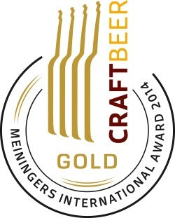 Gullmerke for Craft Beer fra Meiningers International Award 2014, med stiliserte ølflasker og sirkelformet tekst - en sann ære for hjemmebryggingentusiaster som brygger med Brewshop Austmann Northie - allgrain ølsett.