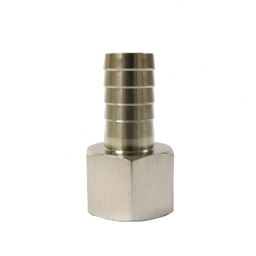 Brewshop Slangenippel hunn 3/4" FPT x 16 mm er en slangestuss av rustfritt stål 304 med sekskantet base og ribbet seksjon, beregnet for tilkobling av fleksible slanger.
