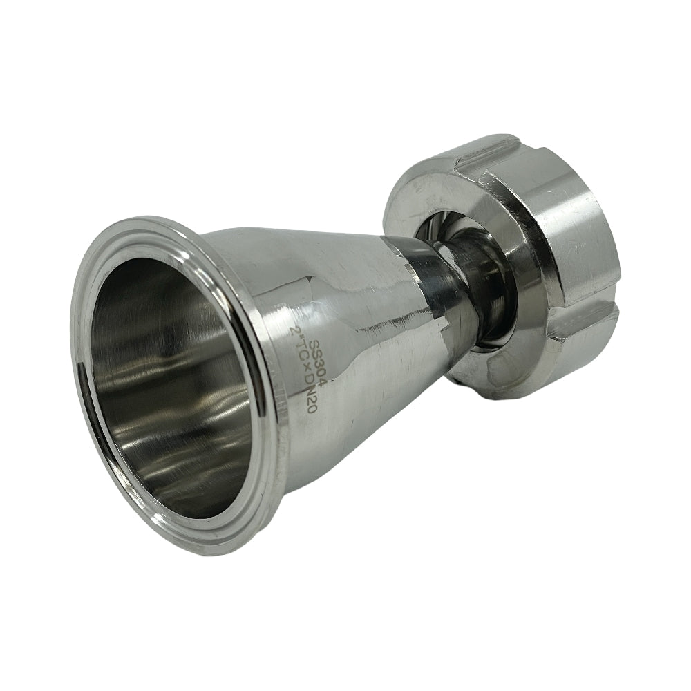 Adapter DN20 Female (DIN 11851) til 2" Tri-Clamp fra Brewshop er en rustfritt stål-kobling med bred åpning, gjenger og industriell kvalitet, kompatibel med DIN 11851.
