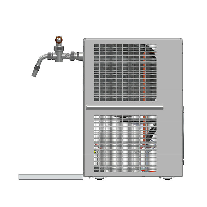 Sidebilde av et grått Lindr KONTAKT 300 Twin Power Green Line-kjøleaggregat, med rør- og ventilenhet på venstre side, mot en vanlig hvit bakgrunn.