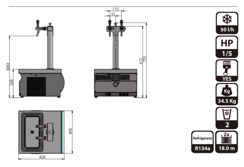 Teknisk diagram over Lindr KONTAKT 55/K Profi Green Line Ølkjøler med tappetårn fra Lindr, som viser front-, side- og toppvisning med dimensjoner, kapasitet, vekt, effektdetaljer, kjølemiddeltype og andre viktige spesifikasjoner.