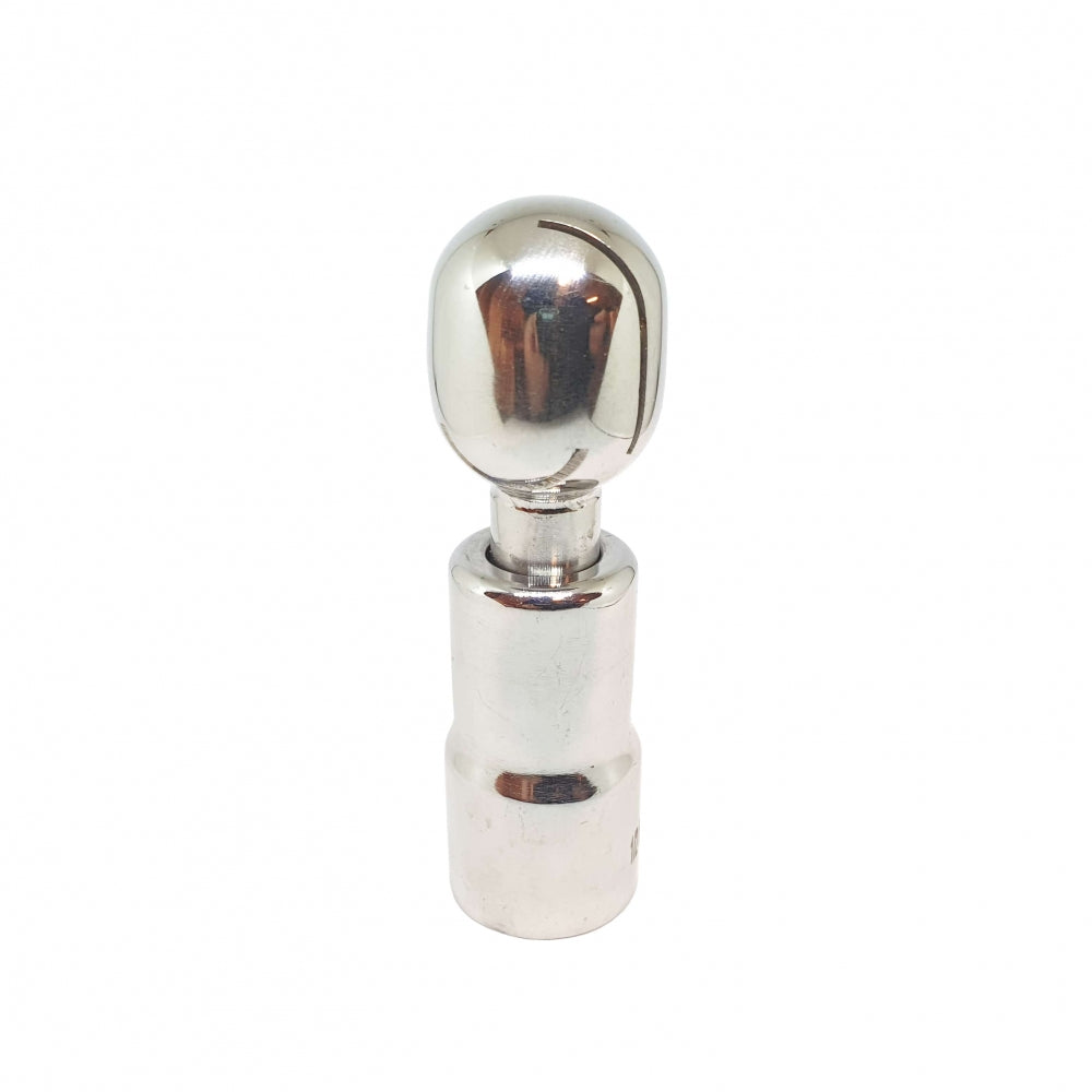 Brewshop CIP vaskeball roterende - 1/2" FPT (NPT hunn) er laget av 304 rustfritt stål, har en avrundet topp og sylindrisk bunn, er forkrommet og er fotografert mot en hvit bakgrunn.