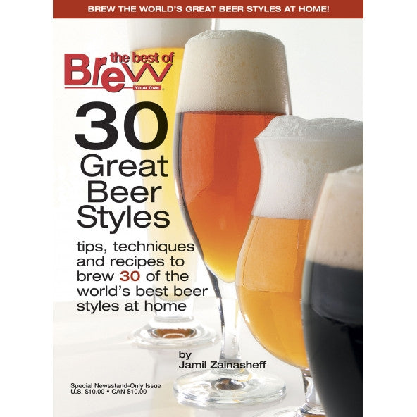 Omslaget til Brewshops "30 Great Beer Styles" viser tre skummende øl, og fremhever ølstiler og øloppskrifter for hjemmebrygging.