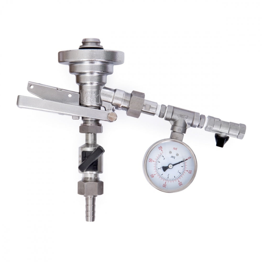 KeyKeg Manual Filling Head fra KeyKeg har en trykkregulator, manometer og ventil i rustfritt stål for nøyaktig kontroll og måling når du fyller KeyKegs med gass eller væske.