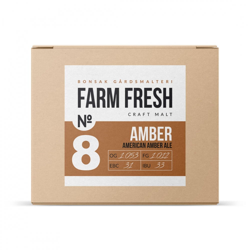En pappeske merket Bonsak American Amber - allgrain ølsett fra Bonsak Gårdsmalteri, med bryggedetaljer og statistikk på forsiden.
