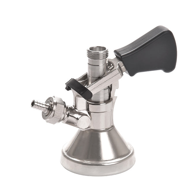 Lindr Dispense Head G-kobling fra Lindr har en keg-kobling i rustfritt stål med svart plasthåndtak og 5/8 BSP-gjenger, designet for tilkobling av bryggerifat til tappesystemer for fatøl.