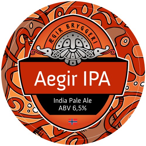 En sirkulær øletikett til Brewshops Ægir India Pale Ale - en ølsett (ABV 6,5 %) med norrøne designelementer og det norske flagget - ideell for enhver hjemmebrygger som brygger fra bunnen av.
