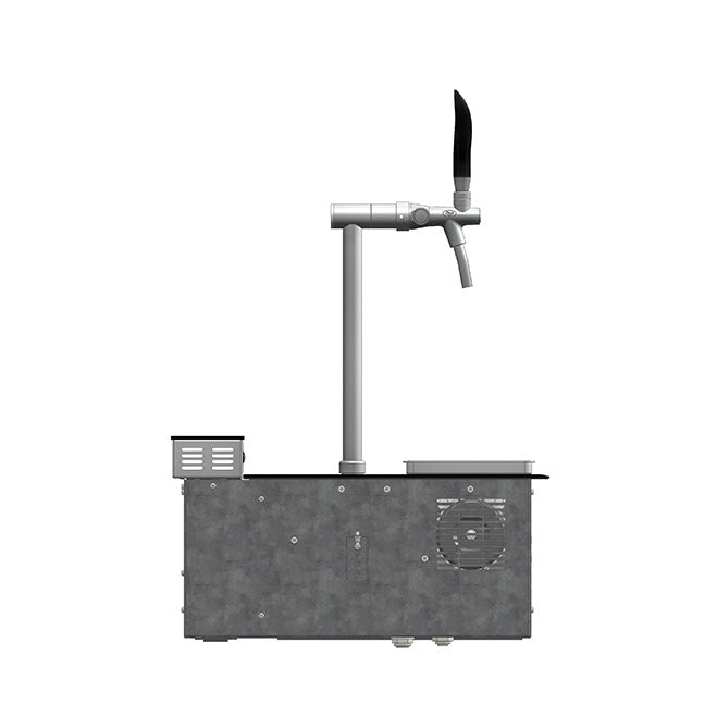Lindr PYGMY Pro Kitchen øltappsystem fra Lindr sett fra siden, med enkel tut og metallbunn i moderne industridesign, isolert på hvit bakgrunn.