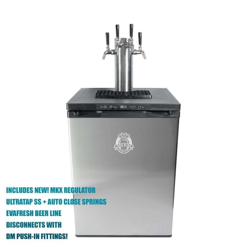 FasTap Edition KegMaster Series XL Kegerator fra Keg King har fire tappekraner og digitalt kontrollpanel. På venstre side vises informasjon om inkluderte funksjoner.