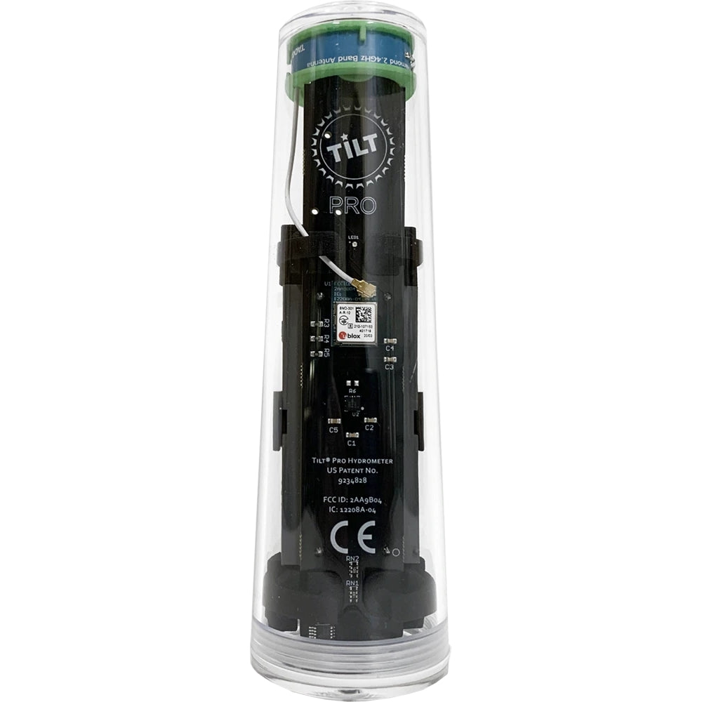 Tilt Hydrometer Tilt Pro Hydrometer & Termometer er en sylindrisk enhet i et gjennomsiktig rør som viser elektronikken og sertifiseringene - perfekt for å overvåke stabiliteten til den spesifikke tyngdekraften i alle gjæringskar av rustfritt stål.