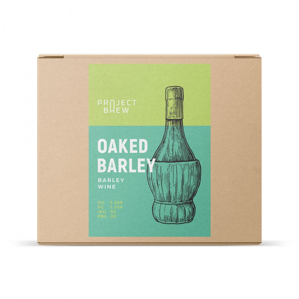 A Project Brew Oaked Barley Wine - allgrain ølsett kommer i en pappeske med en illustrasjon av en vinflaske - perfekt for å brygge din egen byggvin.