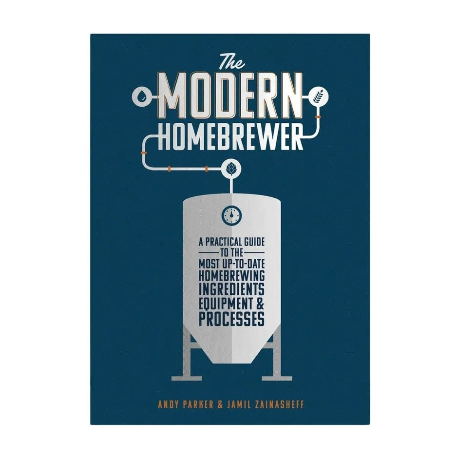 The Modern Homebrewer fra Brewshop har en illustrasjon av en bryggetank og en undertittel som tar for seg ingredienser, utstyr og prosesser for hjemmebrygging.