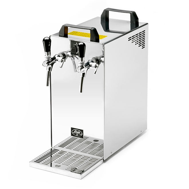 Lindr KONTAKT 40 NEW Green Line uten kompressor er en drikkevaredispenser i rustfritt stål med to kraner og dryppbrett - ideell for bruk på benken på fester eller arrangementer.