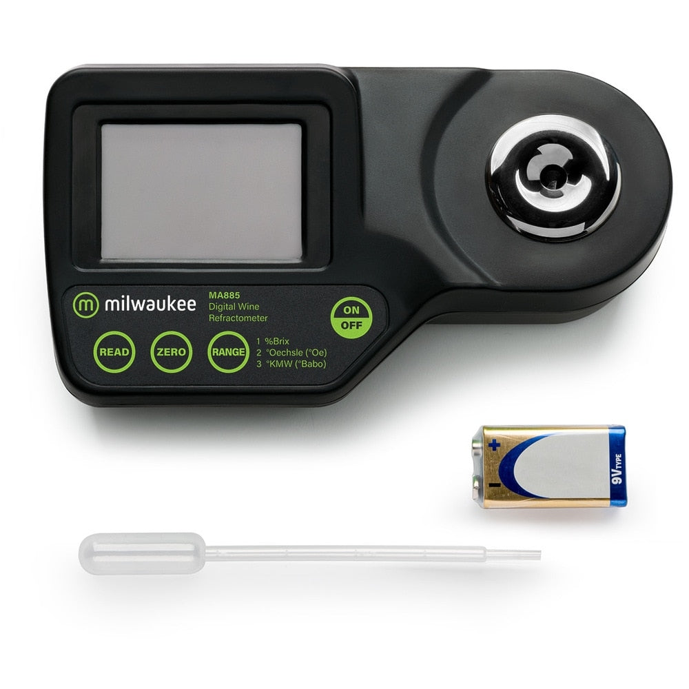 Milwaukee MA885 Digitalt Refraktometer fra Milwaukee har LCD-skjerm, går på et 9 V-batteri og inkluderer en plastdråpeteller - perfekt for nøyaktige målinger av sukkerinnhold og brytningsindeks.