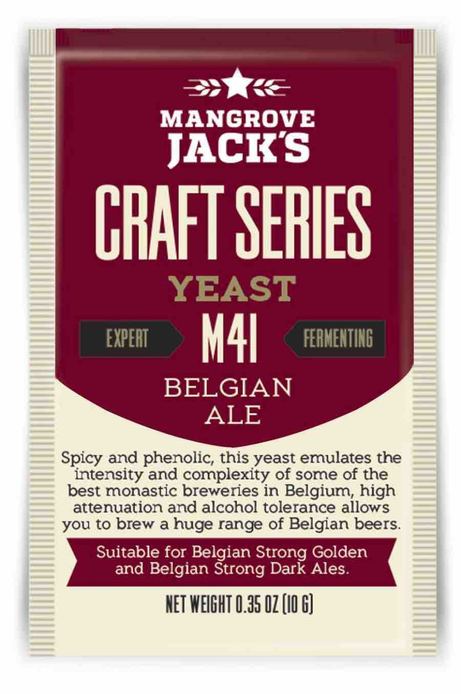 Forsiden av en Mangrove Jack's Belgian Ale M41 - 10 g gjærpakke, som fremhever gjærens egnethet for belgisk øl og dens høye dempingsegenskaper som gir komplekse smaker.