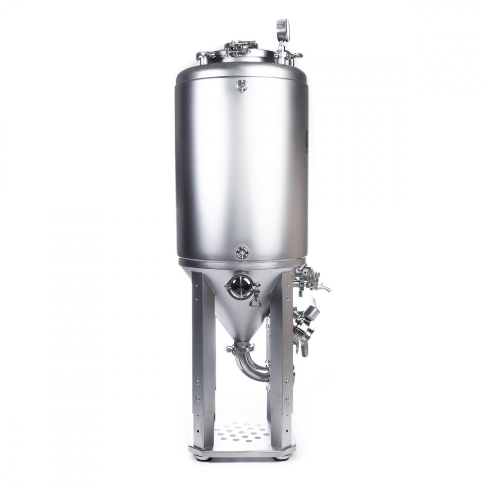 Brewtools F80 Unitank fra Brewtools er en gjæringstank i rustfritt stål med sylindrisk design, ventiler og trykkmåler på metallben - perfekt for hjemmebrygging.