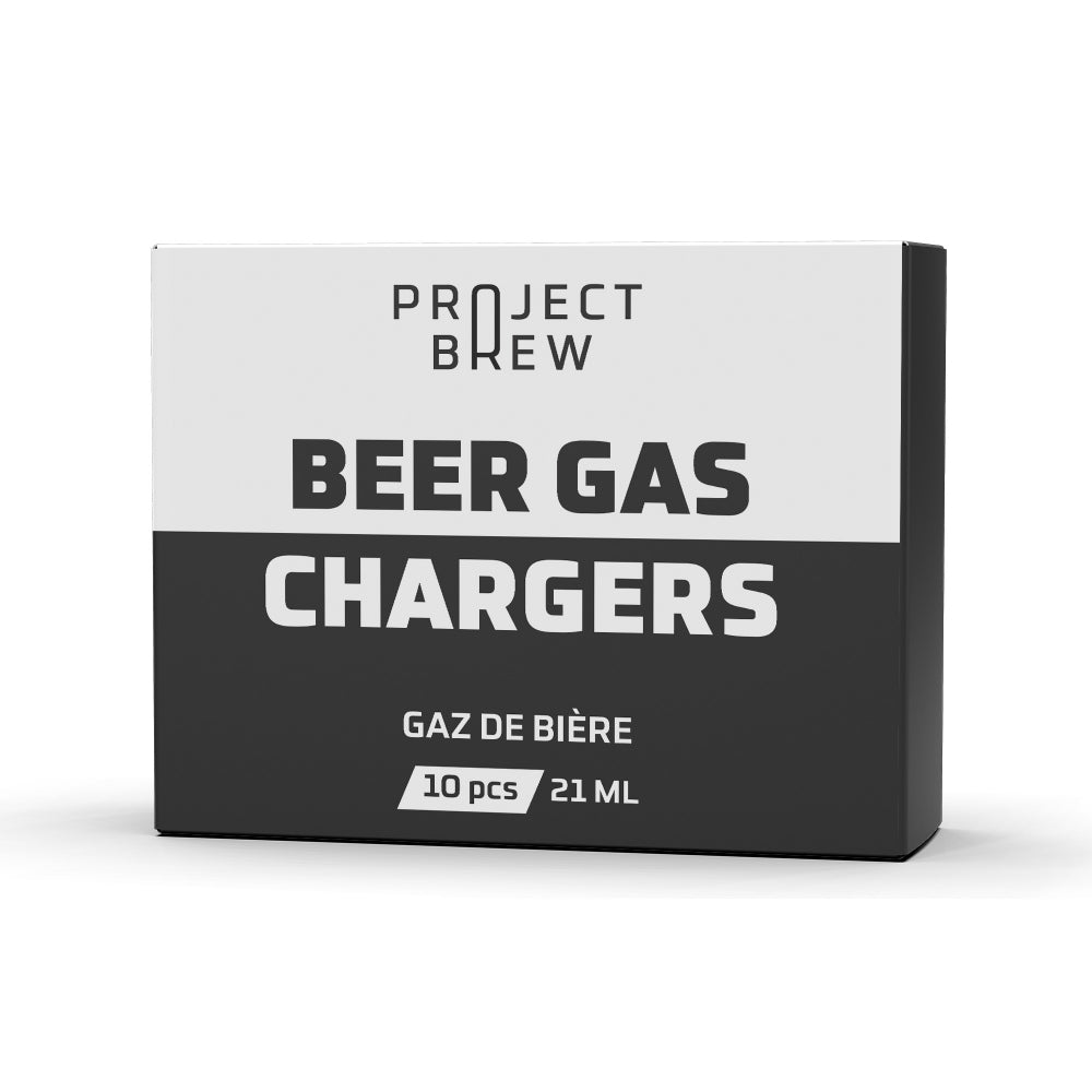 En eske med Project Brew Beer Gas patroner uten gjenger 21ml - 10 stk, merket på både norsk og fransk (Gaz de bière), perfekt for nitro stout- eller ølgassentusiaster.
