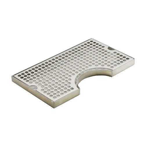 Krome Dispense Drip Tray 30 cm x 18 cm til tappetårn har en buet utskjæring for enkel plassering, slitesterk konstruksjon i rustfritt stål 304 og et rutenett med sirkulære hull for effektiv drenering.
