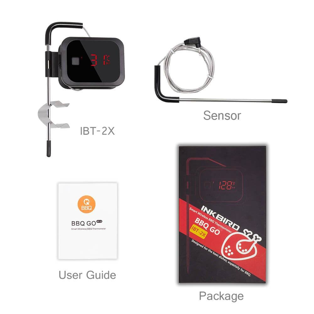 Inkbird IBT-2X digitalt steketermometer med 2 prober og bluetooth, inkludert digital skjerm, sensorprober med kabel, brukerveiledning og produktpakke vist mot hvit bakgrunn.