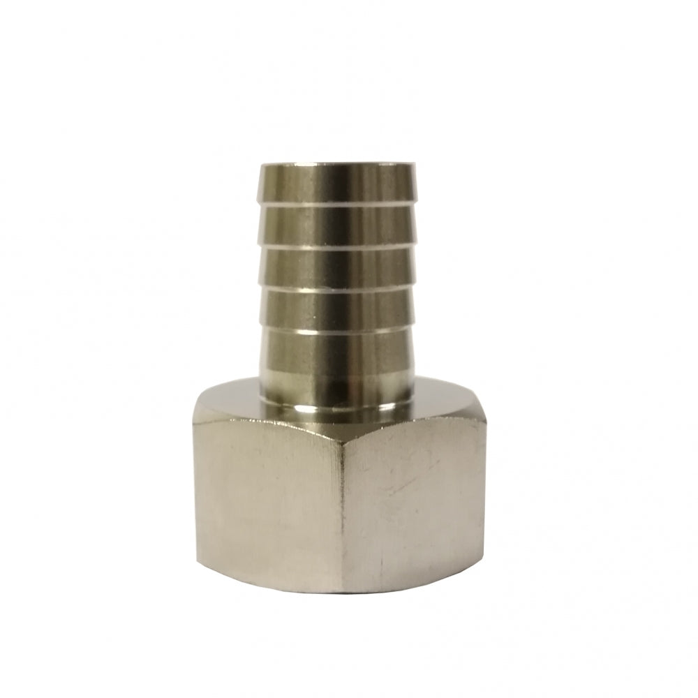 Brewshop Slangenippel hunn 1" FPT x 20 mm er en slangenippel i metall 304 rustfritt stål med sekskantet base og riflet sylindrisk topp, vist mot en hvit bakgrunn.