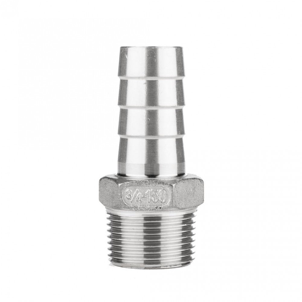 Brewshop Slangenippel 3/4" NPT x 20 mm er en slangestuss i metall, laget av rustfritt stål 304, med en gjenget hannende og en rillet slangestuss, merket 3/4-150, på en hvit bakgrunn.