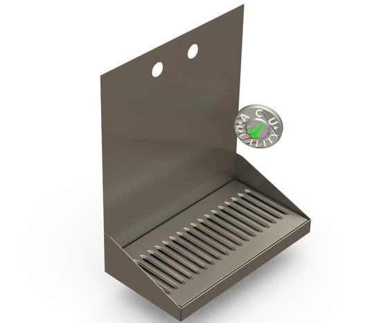 Dryppbrett for veggmontering - skrog for 2 kraner fra ACU Precision Sheet Metal, laget av rustfritt stål med et slisset brett og to monteringshull, er vist med et Quality Check-merke ved siden av.