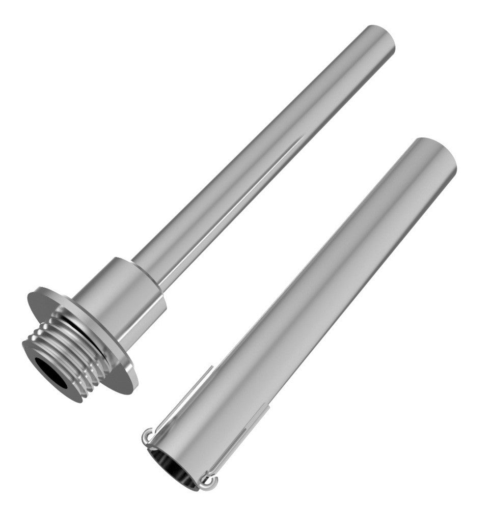 Grainfather Micro Pipework 10L inkluderer to sølvfargede, sylindriske forlengelsesrør i metall - det ene med utvendige gjenger og flens, det andre med en åpen ende og små klips - som er kompatible med Grainfather G70 (Grainfather-merket).