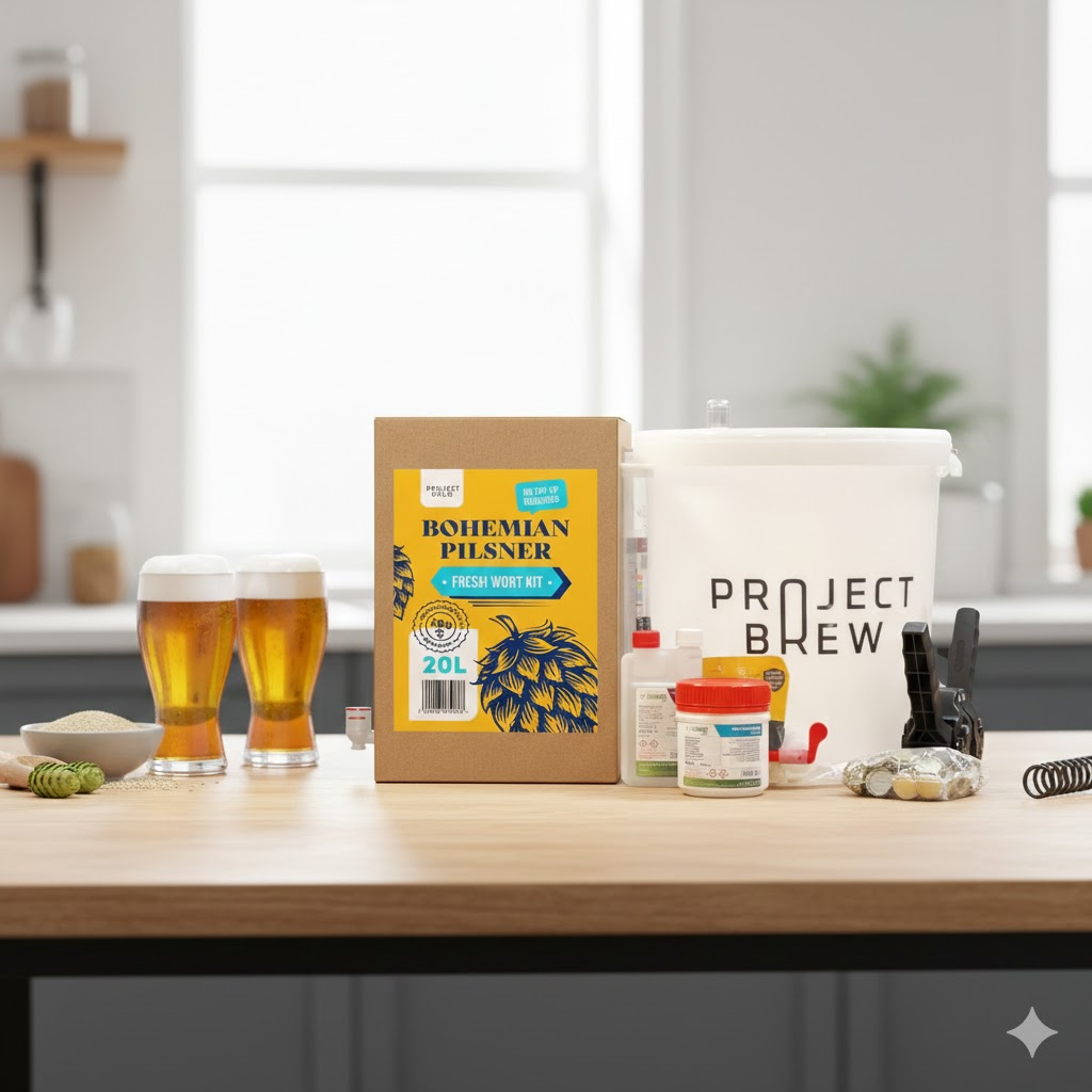 Prosjektbryggeriet Hjemmebrygger Startsett: Fresh Wort Basic med 20 liter bohemsk pilsner, to fulle glass og bryggeutstyr står pent utstilt på kjøkkenbenken.