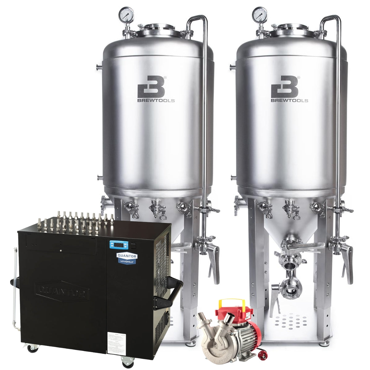 Brewshop Fresh Wort Brewery Kit med 2 x 150L Unitanks har to store gjæringskar i rustfritt stål med temperaturkontroll side om side, pluss en svart kjøler og en liten rød pumpe foran, ideelt for profesjonell ølbrygging.