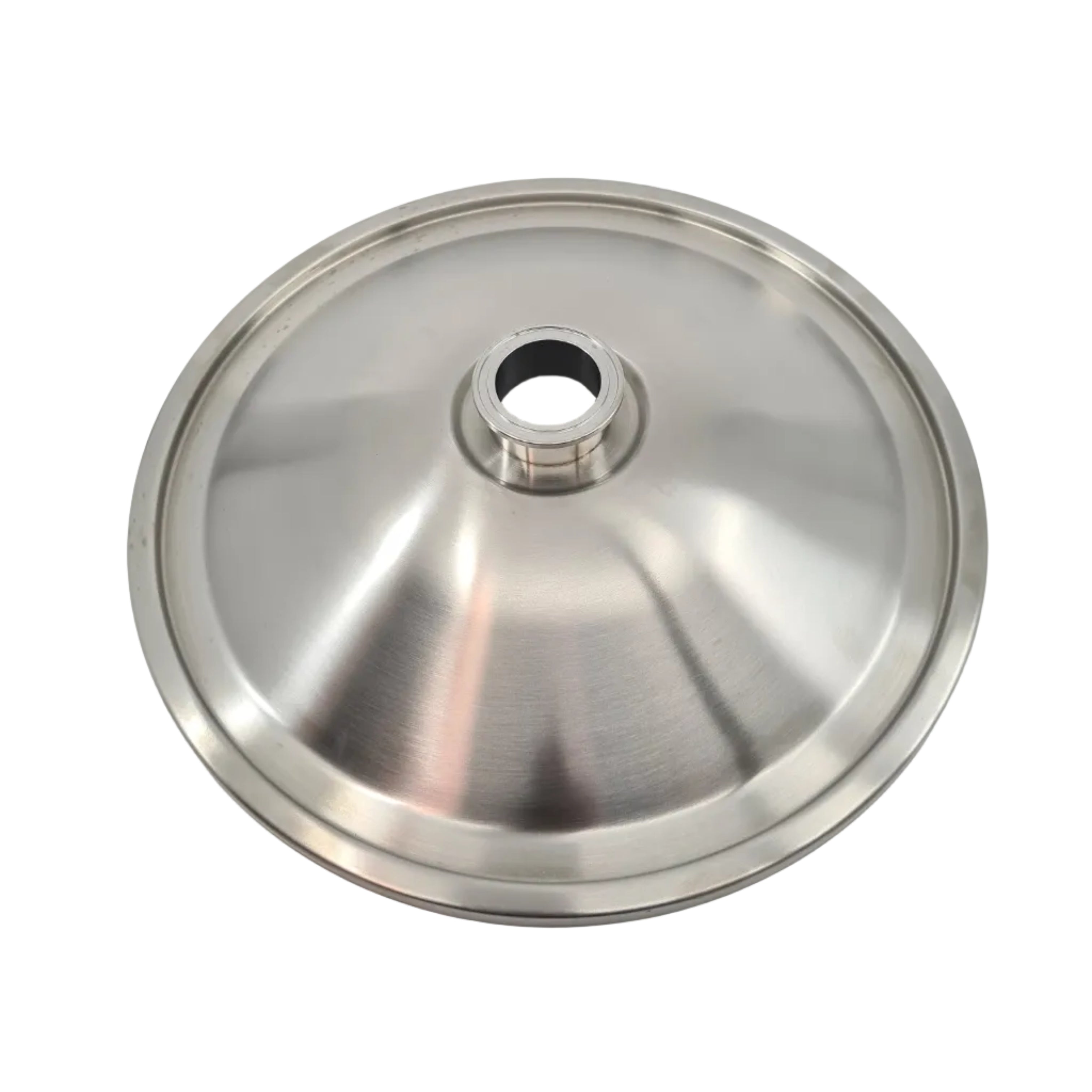 Rund, metallisk lokk til Grainfather Conical Fermenter, laget av rustfritt stål, med et hull i midten, sett ovenfra mot en hvit bakgrunn.