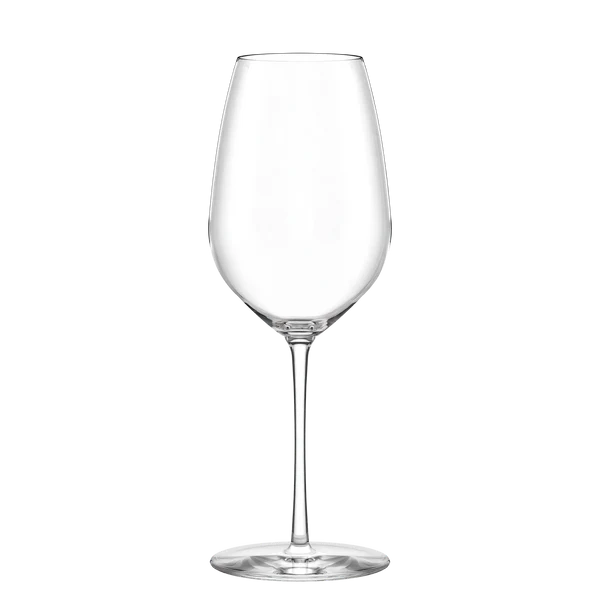 Et klart, tomt Stölzle Lausits Fino hvitvinsvinglass (450 ml) med lang stilk og avrundet skål er vist mot en hvit bakgrunn. Dette settet inneholder 6 glass laget av fint glass.