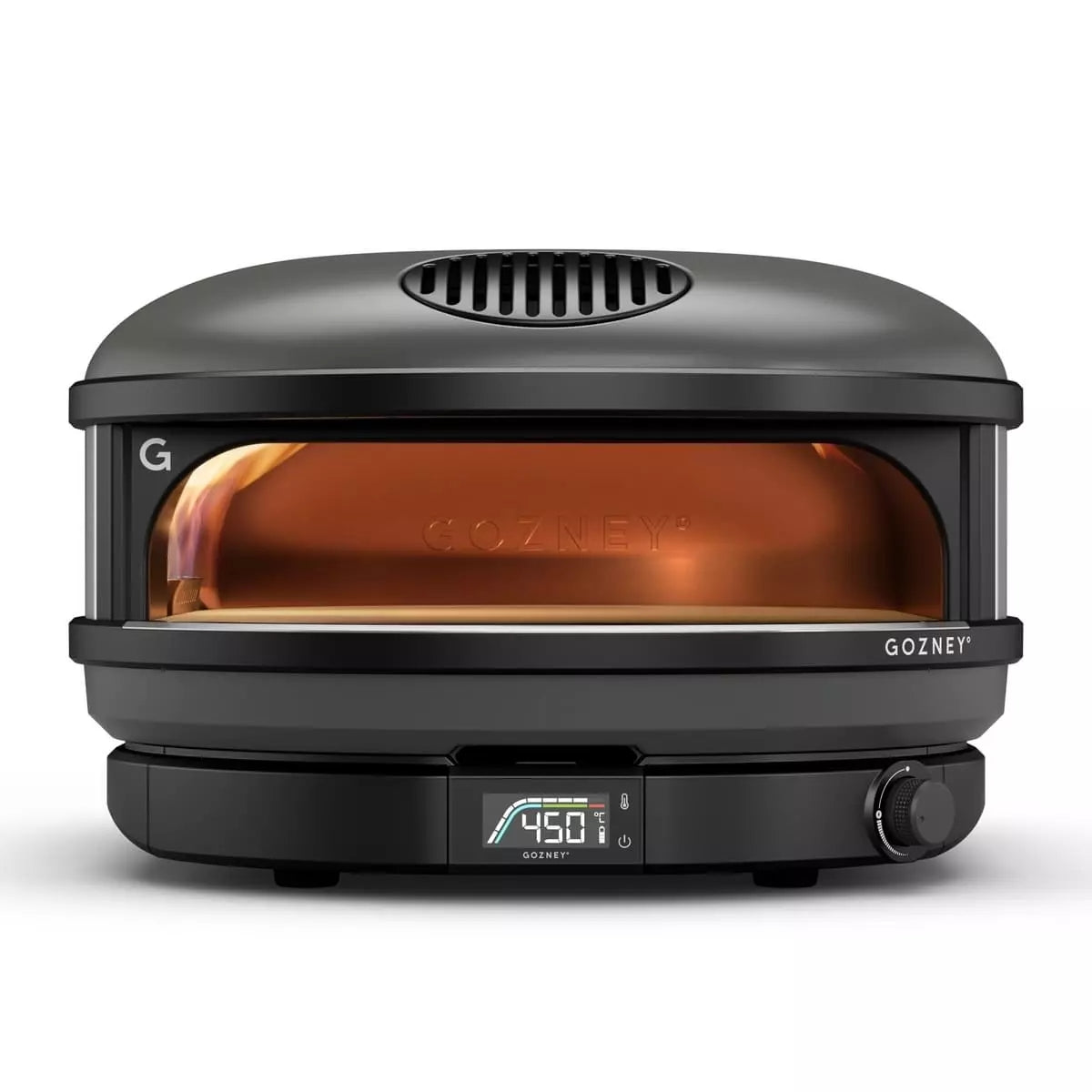 Gozney Arc XL - Off Black 16" gasspizzaovn fra Gozney har en digital temperaturvisning på 450°F, avrundet design og synlig kammer - ideelt for baking av autentisk napolitansk pizza.